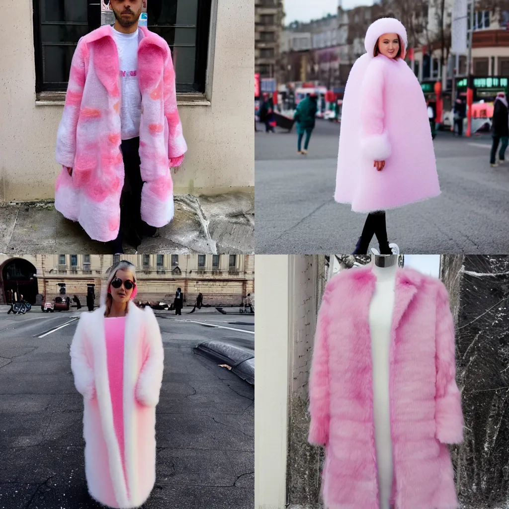 Prompt: a long shot of a coat made of candy floss