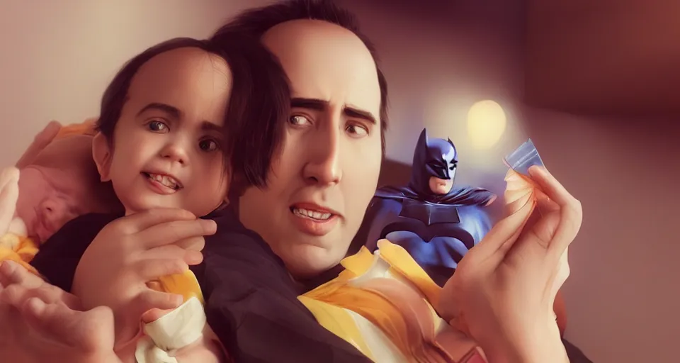 Image similar to “ a very very very very very very beautiful realistic still of a woman holding a newly born baby nicholas cage dressed as batman eating crayola crayons, by makoto shinkai, syd meade, starwars, space art concept, sci - fi, digital art, unreal engine, wlop, trending on artstation, 4 k uhd image, octane render ”