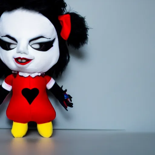 Image similar to lady gaga in harley quinn pupyplush doll, scream, background dark, portrait, 8k