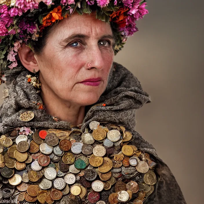 Prompt: closeup portrait of a woman wearing a cloak made of coins and flowers, standing in an apocalyptic smoking city, by Annie Leibovitz and Steve McCurry, natural light, detailed face, CANON Eos C300, ƒ1.8, 35mm, 8K, medium-format print