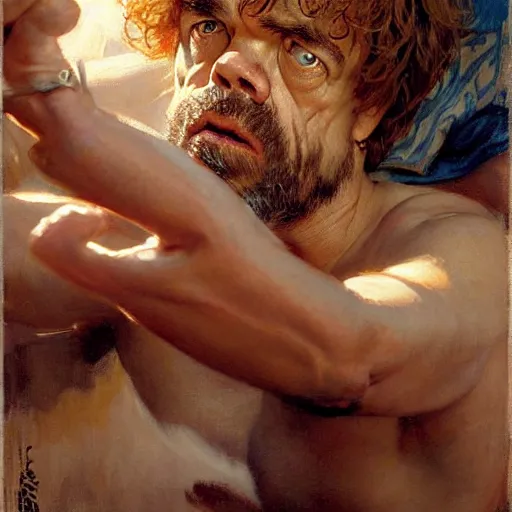 Image similar to peter dinklage is in his bed, nervous and terrified, because a kevin bacon is attacking him. highly detailed painting by gaston bussiere, j. c. leyendecker, greg rutkowski, craig mullins 8 k