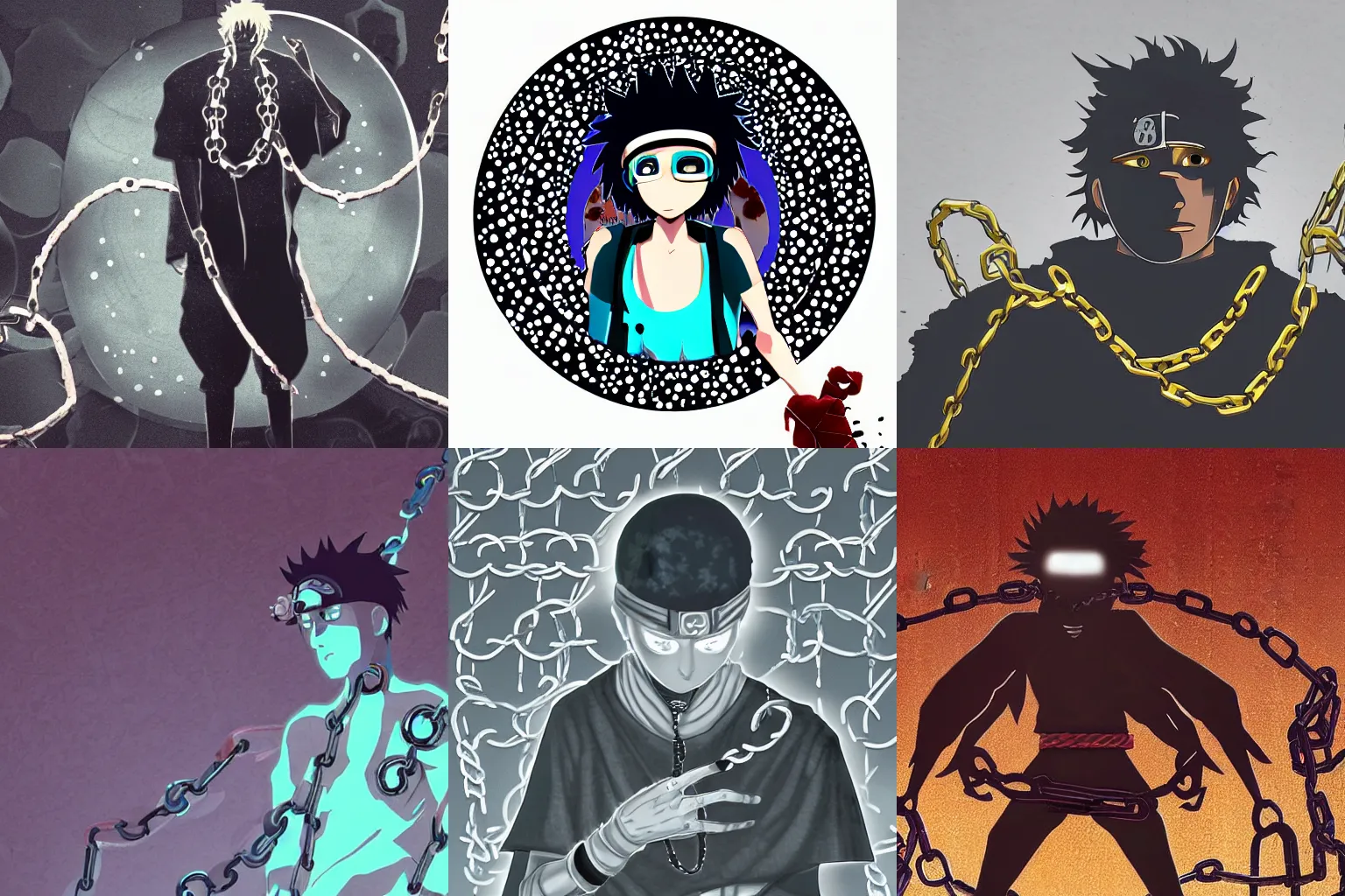 Prompt: '2D graphic design , obito with chains , staying on bodies full moon background wallpaper style '