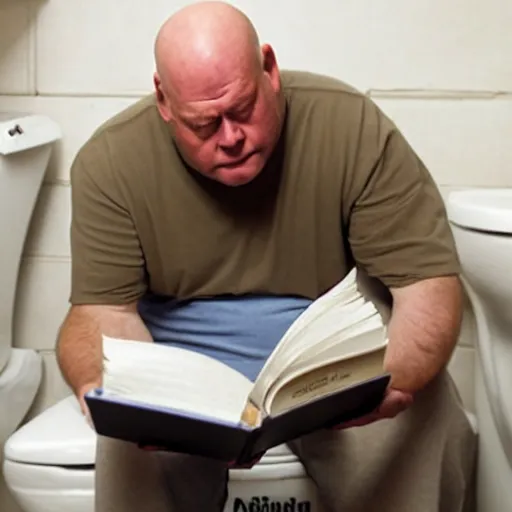 Prompt: a picture of hank schrader with a confused expression sitting on a toilet, reading a book