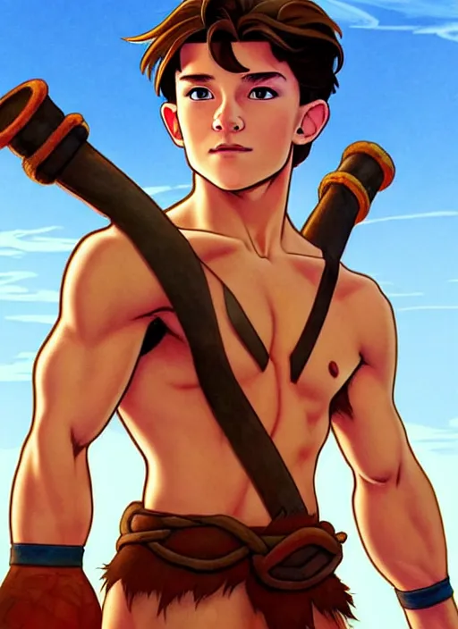 Image similar to cute muscular tom holland wearing barbarian tunic, natural lighting, path traced, highly detailed, high quality, digital painting, by don bluth and ross tran and studio ghibli and alphonse mucha, artgerm