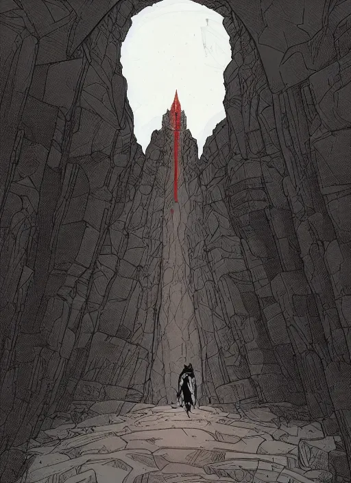 Prompt: a cartoon scene with a person wearing a black robe standing in front of a monolith, concept art by kilian eng, tumblr contest winner, symbolism, concept art, official art