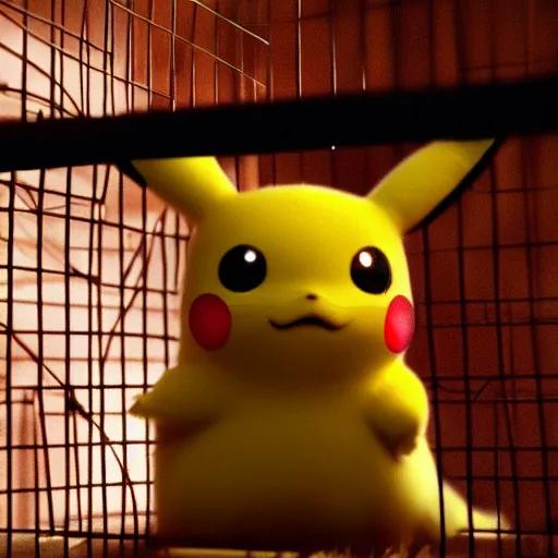 Prompt: stunning awe inspiring pikachu inside a cage with a sad look on its face, movie still 8 k hdr atmospheric lighting