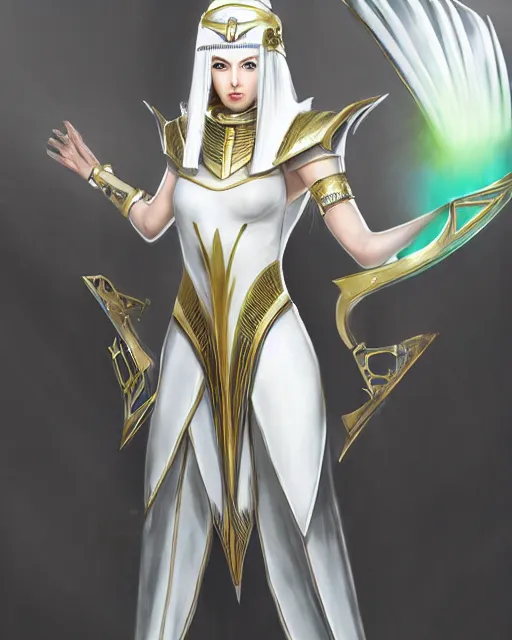 Image similar to perfect white haired attractive egyptian goddess, warframe armor, pharaoh headdress, beautiful, symmetric, dreamy, half asian, pretty face, green eyes, charlize theron, detailed, scifi platform, laboratory, experiment, 4 k, ultra realistic, epic lighting, android body, illuminated, cinematic, masterpiece, art by akihito tsukushi, voidstar