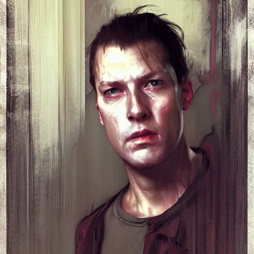 Image similar to hyperrealist portrait of james sunderland from silent hill 2 by jeremy mann and alphonse mucha, fantasy art, photo realistic, dynamic lighting, artstation, poster, volumetric lighting, very detailed faces, award winning