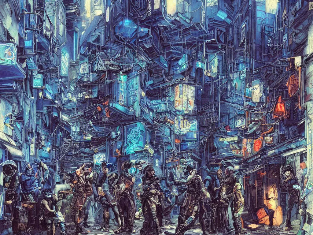 Image similar to a cyberpunk gang in the alleyway between buildings, graffiti, fine detail, intricate, polished, smooth, ultradetailed, blue color scheme, digital art, illustration, impressionist, by john smith and noriyoshi ohrai and george luks