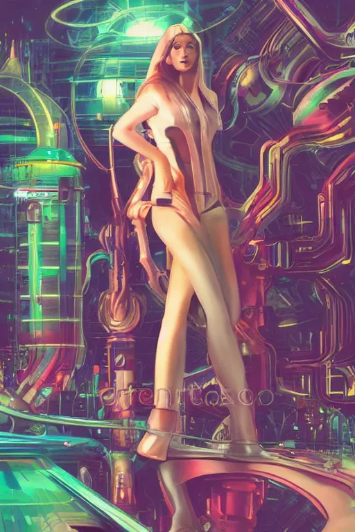 Image similar to attractive female android in feminine pose on a hyper-maximalist overdetailed retrofuturist scifi bookcover illustration from '70s. Biopunk, solarpunk style.