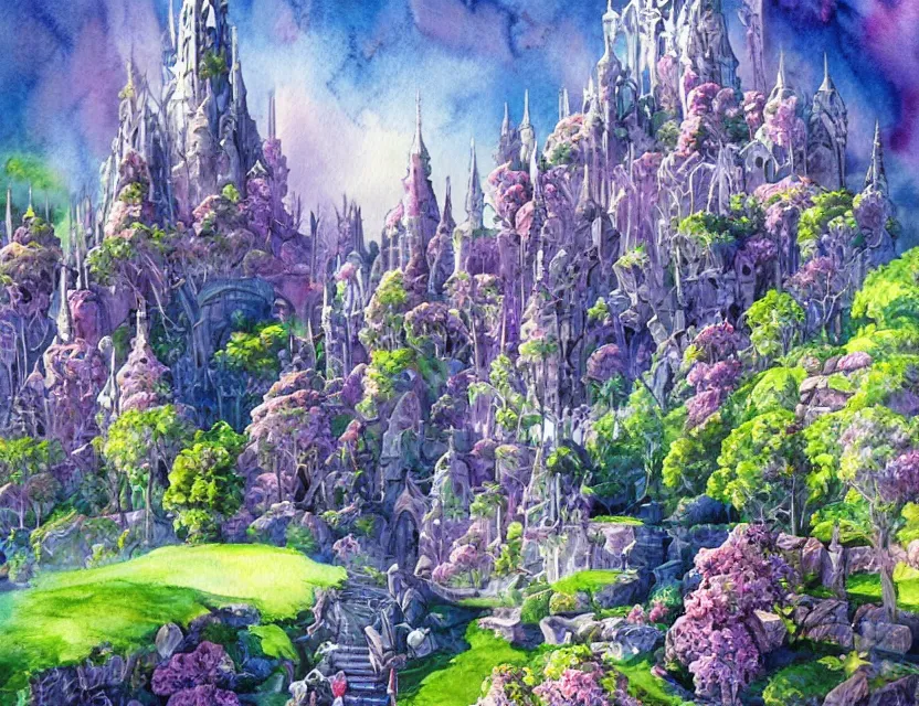 Image similar to futuristic scifi elven castle in springtime. this watercolor painting by the beloved children's book author has interesting color contrasts, plenty of details and impeccable lighting.