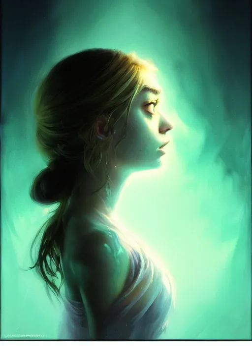 Image similar to side portrait, imogen poots, deathknight, soft, smooth, luminescent, haunting, pale green backlit glow, evil inky swirly ripples, sickly colors, anime, realistic shaded lighting poster by greg rutkowski, magali villeneuve, artgerm, jeremy lipkin, michael garmash and, rey
