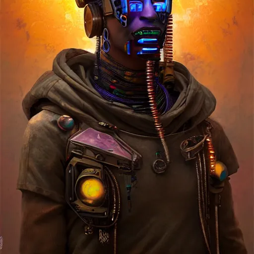 Prompt: a dogon cyberpunk hacker, steampunk stargate by greg rutkowski and android jones in a surreal portrait style, oil on canvas, ancient cyberpunk 8k resolution