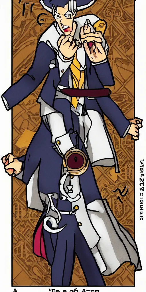 Image similar to the judge from Ace Attorney with a scale in one hand. Tarot card Justice