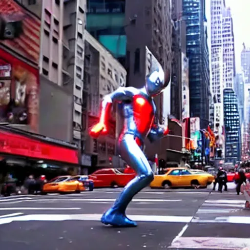 Image similar to giant ultraman walking on new york street!, cinematic,