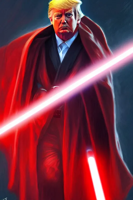 Image similar to Donald Trump as a Sith from Star Wars, red light saber, realistic portrait, symmetrical, highly detailed, digital painting, artstation, concept art, smooth, sharp focus, cinematic lighting, art by artgerm and greg rutkowski and alphonse mucha