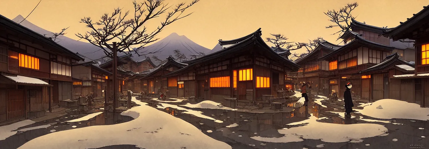 Image similar to empty rural japanese town at night, winter, in the style of studio ghibli, j. c. leyendecker, greg rutkowski, artem