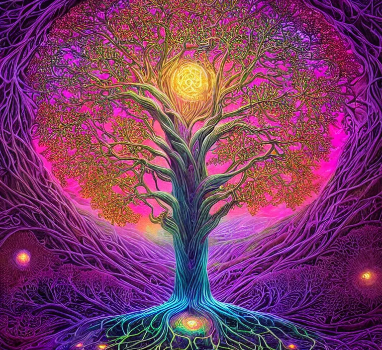 Image similar to magical intricate glowing tree of life in a hill, centralized, ethereal, rich, fantasy, smooth, sharp focus, high detailed colorful orbs, ultra wide shot, lush colors, by artgerm and alex grey and wes anderson and spike jonze, highly realistic, exquisite ornate, delicate