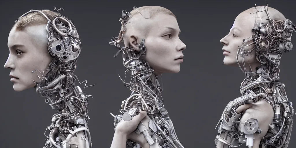 Image similar to hyperrealistic photography of a stunningly beautiful cyborg female, mechanical elbow, plated arm, intimate, holding hands, in the style of beth cavener, jin kagetsu,, and wlop, highly detailed, intricate, face symmetry, masterpiece, award - winning, sharp focus, concept art, high key, ambient lighting, 8 k, octane render, artstation