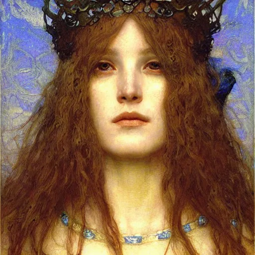 Image similar to detailed realistic beautiful young medieval queen face portrait by jean delville and ruan jia, art nouveau, symbolist, visionary, gothic, pre - raphaelite