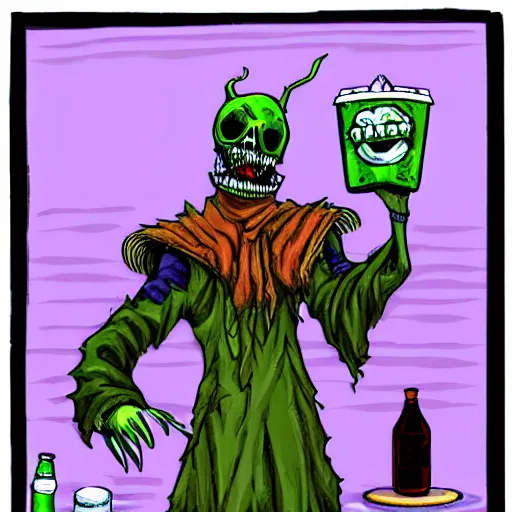 Image similar to undead lich holding a soda can by a pool, summertime, advertisement for energy drink, chlorine, energy drink commercial, detailed, hyperrealistic