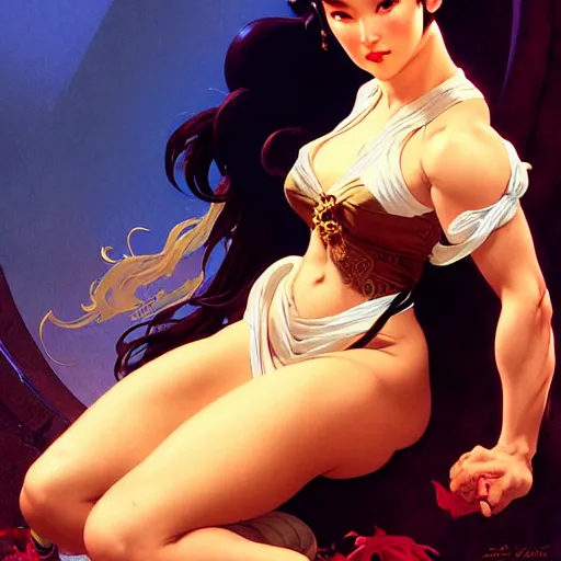 Prompt: of a Chun Li, dark fantasy, medium shot, intricate, elegant, highly detailed, digital painting, volumetric light, artstation, concept art, smooth, sharp focus, illustration, art by Gil Elvgren and Greg Manchess and Alphonse Mucha