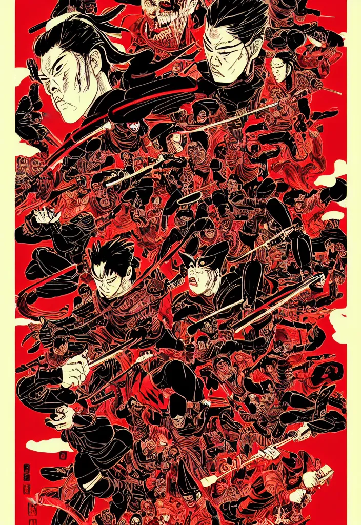 Image similar to a comic book style japanese poster of ronin by dan mumford, yusuke murata and junji ito, blood lines, yokai, shinigami, cherry blossom, spirits, sake, shurikens, kanji, 8k, unreal engine, trending on artstation, pixiv, intricate details, volumetric lighting