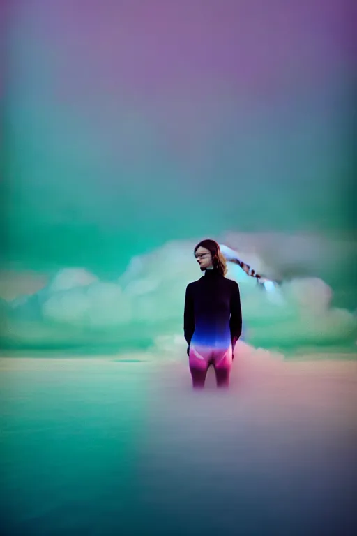 Image similar to high quality pastel coloured film close up wide angle photograph of a model wearing clothing swimming on cloud furniture in a icelandic black rock!! environment in a partially haze filled dreamstate world. three point light, rainbow. photographic production. art directed. pastel colours. volumetric clouds. pastel gradient overlay. waves glitch artefacts. extreme facial clarity. 8 k. filmic.