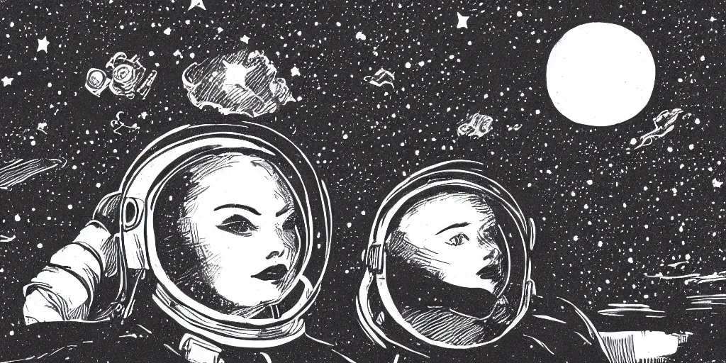 Prompt: etching portrait of a woman wearing a space helmet, manga art, chinese brush, scifi, big clouds visible in the background, stars in the sky, high contrast, deep black tones