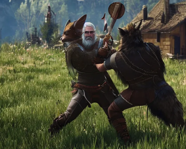 Image similar to gerald of rivia fighting with fursuit people from witcher 3 ( 2 0 1 5 videogame ), cinematic, concept art, loading screen