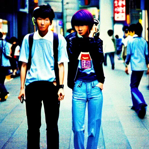 Prompt: ! dream japanese teenagers male and female, street photography in the 8 0 s, blue scheme, economic boom, punks, highly realistic, photography, highly detailed, cinematic lighting, tokyo, fashion, wearing sony walkman and headphones