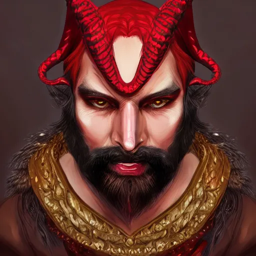 Image similar to dnd style portrait of a tiefling, male, red scales, red skin, a big black beard, completely golden eyes, 2 black ram horns growing out of his forehead,