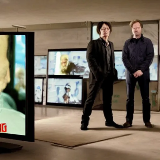 Image similar to Hideo Kojima and Christopher Nolan watch Breaking Bad on a TV