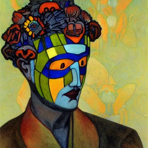 Prompt: head of a beautiful boy wearing a mask made of flowers, by diego rivera and john watkiss and annie swynnerton, art deco shaman, stylized flowers, art brut, symbolist, dramatic cinematic lighting, god rays, iridescent beetles, clean crisp graphics, smooth sharp focus, extremely detailed