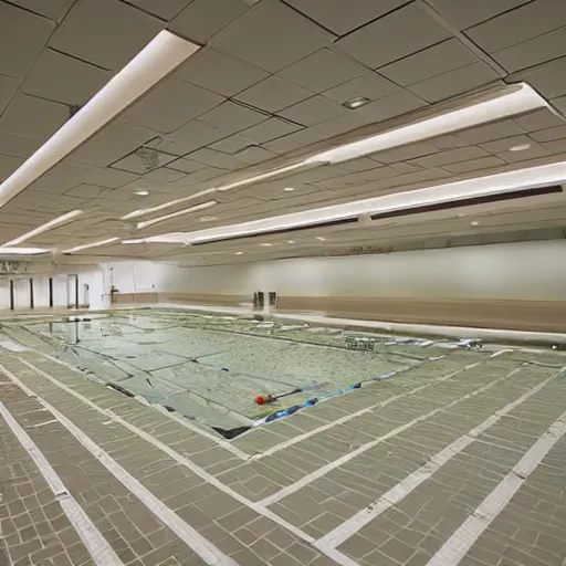 Image similar to the Poolrooms, an expansive complex of interconnected rooms and corridors slightly submerged in undulating, lukewarm water. Each area of the level varies greatly in size and structure, ranging from uniform pools and hallways to more open, abnormally-shaped areas. The walls, ceilings, and floors of the level all appear to be constructed from the same white ceramic tile, with the only deviation from this color being the blue-green hue of the water. Eerie, liminal space