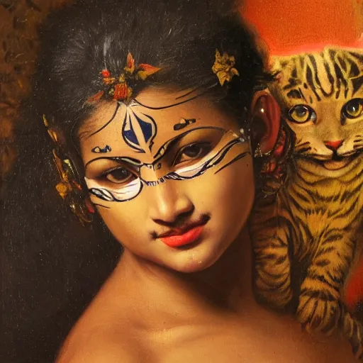 Image similar to detailed potrait 8 0 s srilankan girl with tatoos and cat woman mask in baroque painting, girl graceful,, painting by gaston bussiere, craig mullins, j. c. leyendecker, lights, art by ernst haeckel, john william godward, hammershøi,,