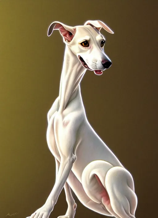 Prompt: cute white brown greyhound happy, natural lighting, path traced, highly detailed, high quality, digital painting, by don bluth and ross tran and studio ghibli and alphonse mucha, artgerm