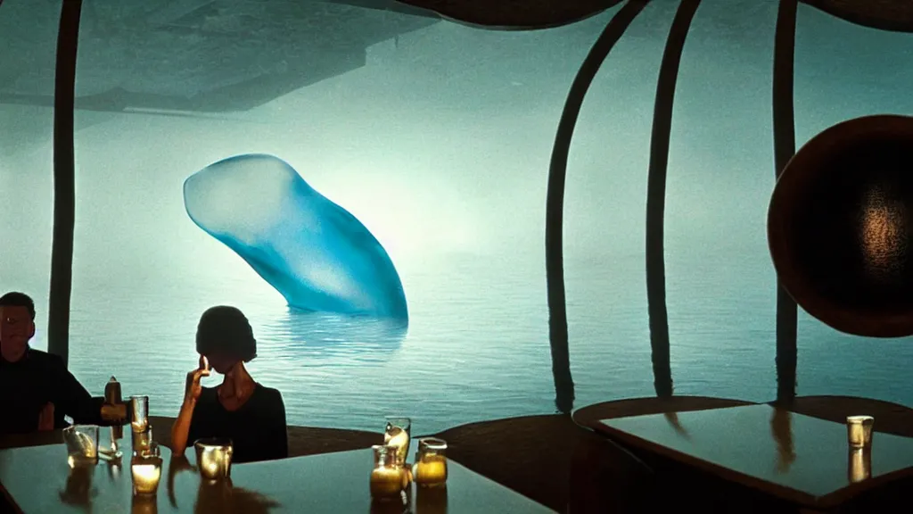 Image similar to the giant floating nose in the restaurant, made of water, film still from the movie directed by Denis Villeneuve with art direction by Salvador Dalí, wide lens