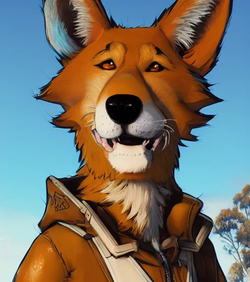 Image similar to stylized 3 / 4 portrait concept art of the anthro anthropomorphic dingo dog head animal person fursona wearing clothes adventurer standing in australia outback, hidari, color page, tankoban, 4 k, tone mapping, akihiko yoshida, greg rutowski, yoji shinkawa