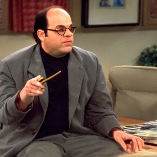 Image similar to George Costanza on Seinfeld selling a big bag of weed, smoking a joint