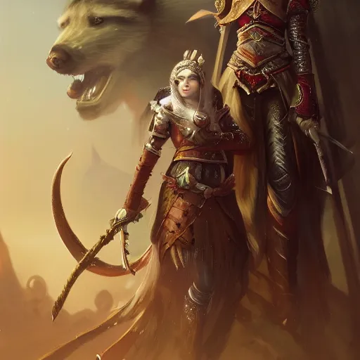 Prompt: a beautiful hyper realistic detailed epic concept art showing a noble knight women accompanied by the sacred spirit raccoon, by tom bagshaw, ross tran and bayard wu, in the style of dragon age, featured on artstation