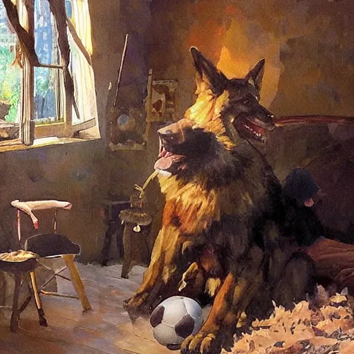 Image similar to a humanoid german shepherd beast - man, sitting and watching a soccer match in his house on television, he has hurt his knee and is a dad, by erin hanson, alexi zaitsev, karl spitzweg, award winning, tv set