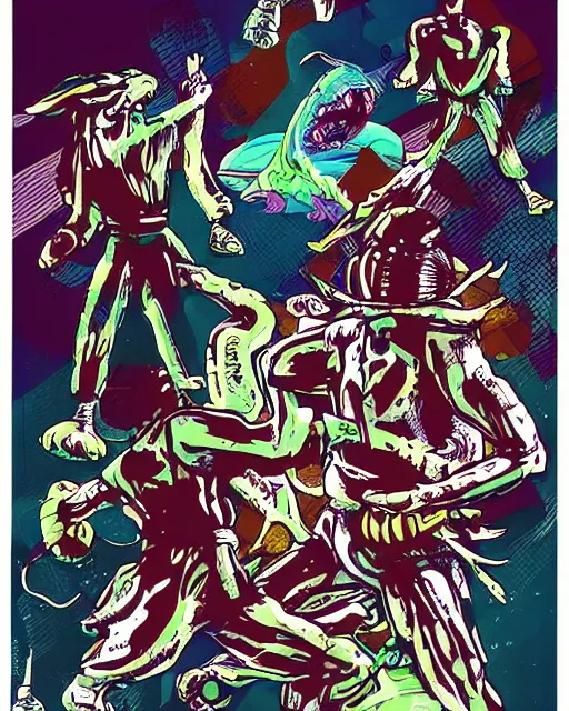 Prompt: digital illustration of a aliens doing mixed martial arts and basketball, mix of styles, collage of styles, highly detailed, abstract, intricate, studio ghibli color scheme