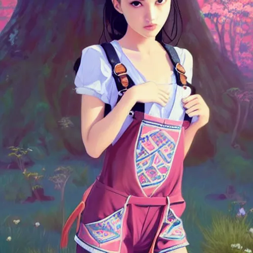 Image similar to a beautiful young japanese natalie portman alluring gravure model, wearing elegant designer overalls, elegant overalls with mesoamerican patterns, mesoamerican native street fashion, princess mononoke, by and wlop and ilya kuvshinov and artgerm and, aesthetic, gorgeous, stunning, alluring, attractive, artstation, pinterest, digital art