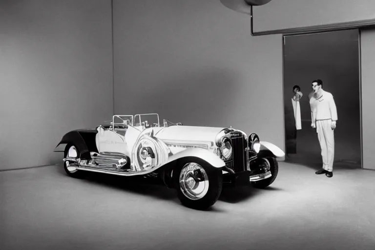 Image similar to duesenberg model sj concept, inside of a minimalist Tokyo garage, ektachrome photograph, volumetric lighting, f8 aperture, cinematic Eastman 5384 film