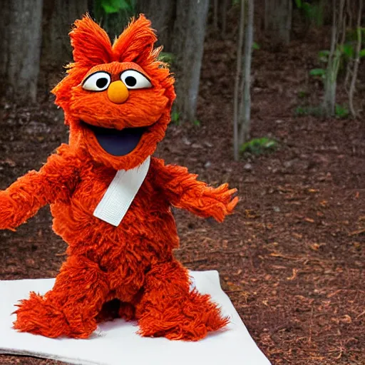 Image similar to a brown fluffy elmo muppet with big soft rabbit ears in a karate uniform out in nature, photography, photorealistic, muppet, national geohraphic, sesame street, puppet muppets