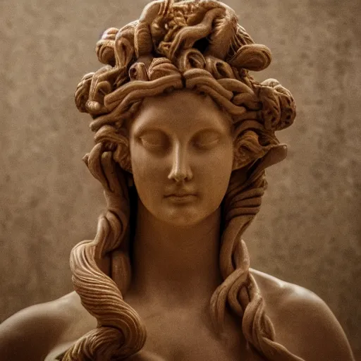 Image similar to a real portrait photo of the mythological medusa, award winning, shallow focus