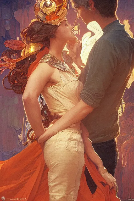 Image similar to portrait of tinfoil hat man in orange t - shirt behind his wife, feelings, romantic, fantasy, intricate, elegant, highly detailed, digital painting, artstation, concept art, smooth, sharp focus, illustration, art by artgerm and greg rutkowski and alphonse mucha