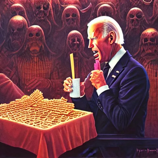 Image similar to epic Joe Biden eating a waffle cone in pandemonium, demons and souls, portrait, art by Wayne Barlowe, oil on canvas