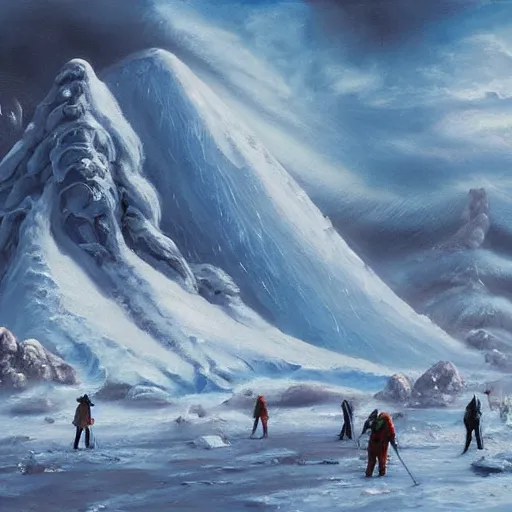 Prompt: an ice volcano, oil painting, cold, snow landscape, sci-fi concept art, very detailed